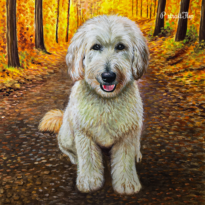 Goldendoodle watercolor pet portrait painted on an autumn forest path